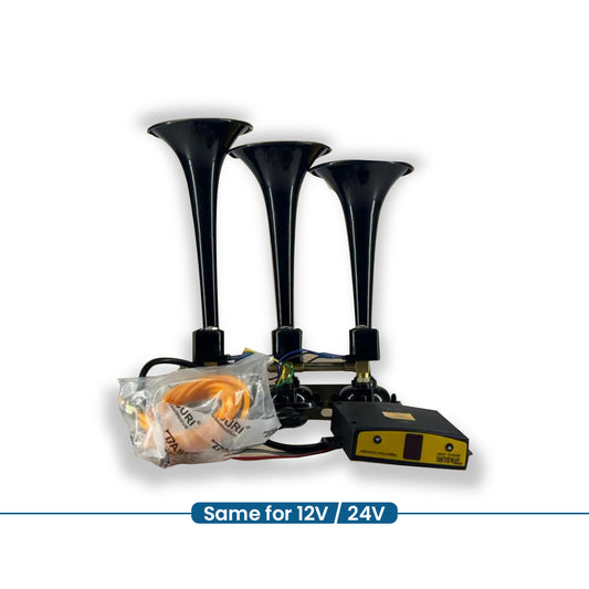 A set of three black metal pipes with a vehicle horn system, designed for use with 12V or 24V power supplies.