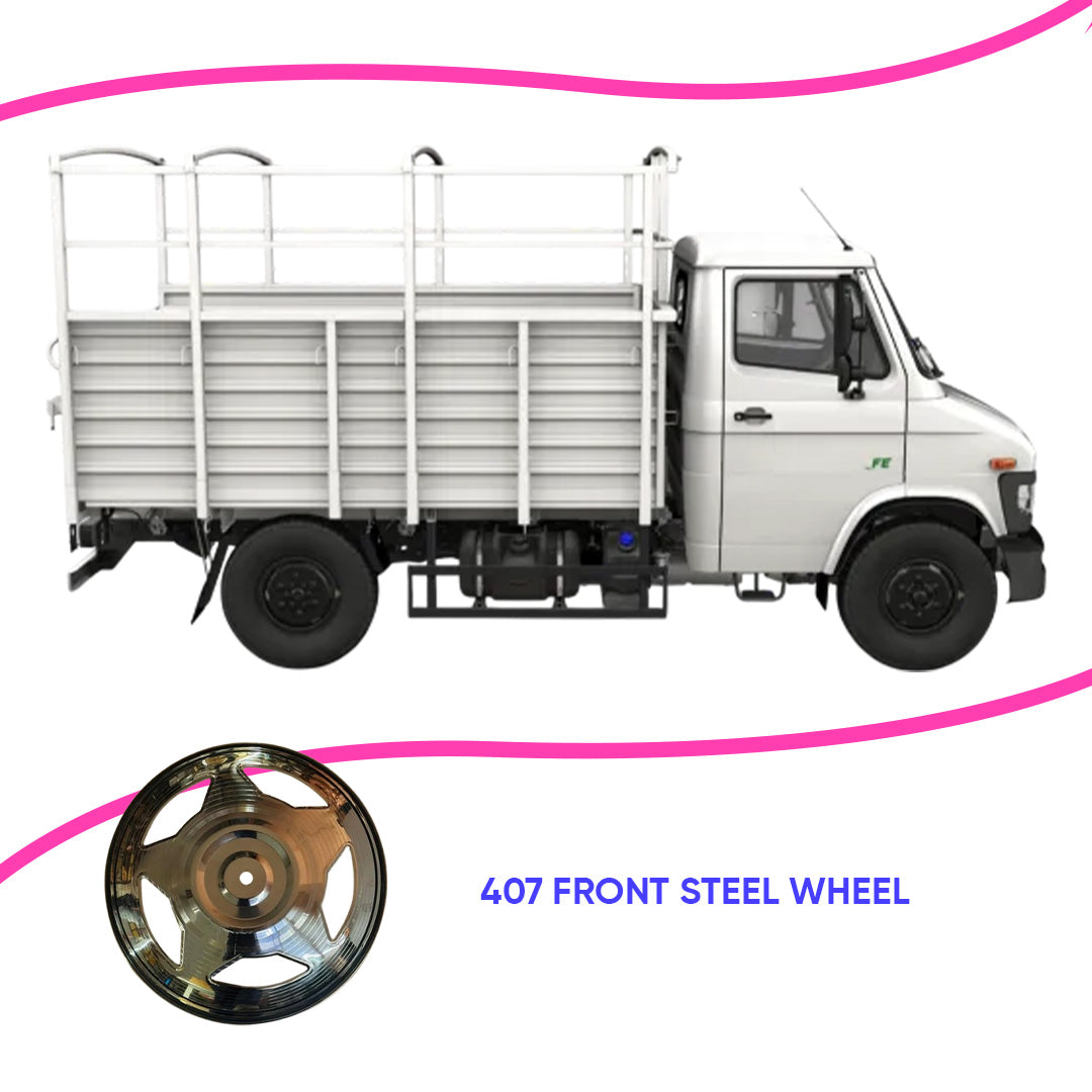 White truck with a close-up of a front steel wheel labeled '407 Front Steel Wheel' on a white background.