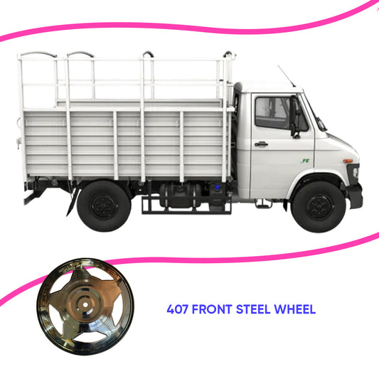 White truck with a close-up of a front steel wheel labeled '407 Front Steel Wheel' on a white background.