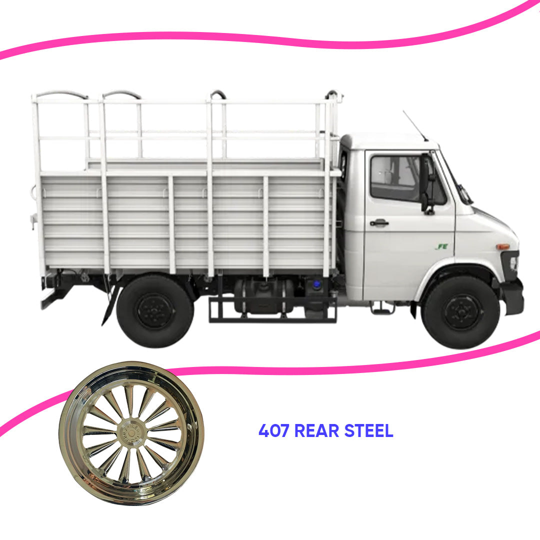 White truck with a metal bed and a close-up of a wheel labeled '407 Rear Steel' on a white background.