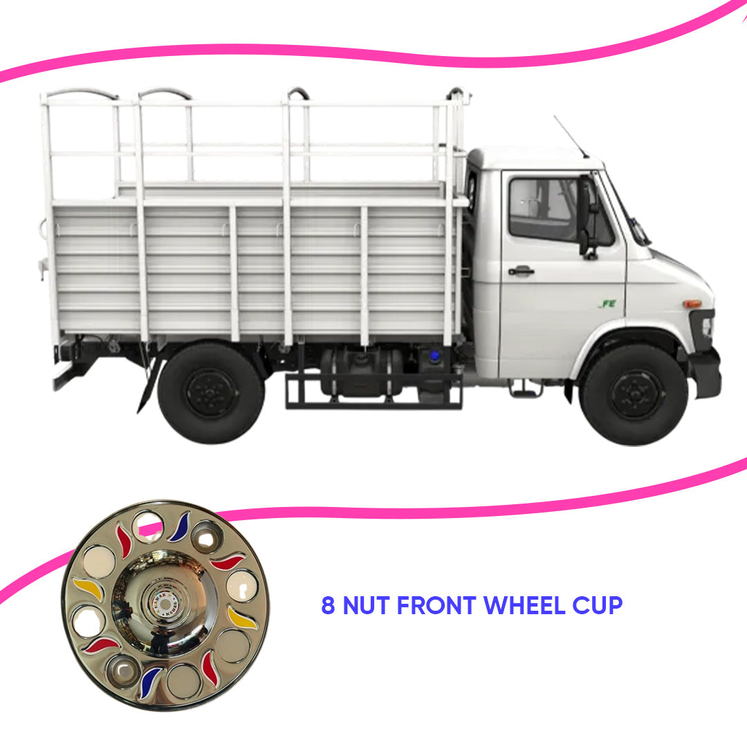 White truck with an inset of a wheel component labeled '8 Nut Front Wheel Cup' on a white background.