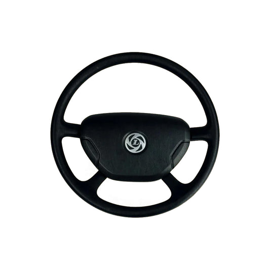 Black steering wheel with logo on a white background