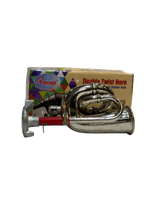 Chrome double twist horn with packaging on a white background