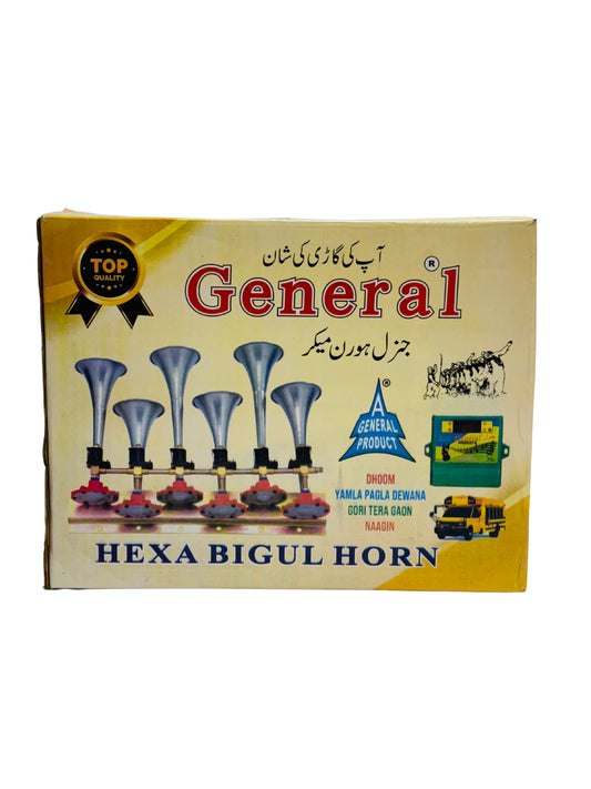 Box of General Hexa Bigul Horns with images and text on a white background
