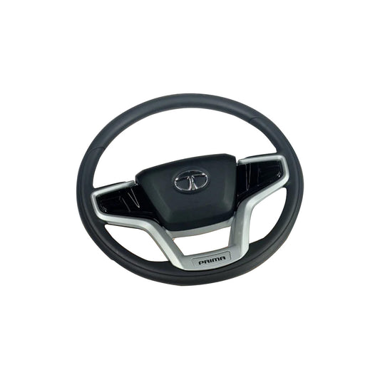 A black steering wheel with a silver-colored logo in the center and silver accents on the spokes.