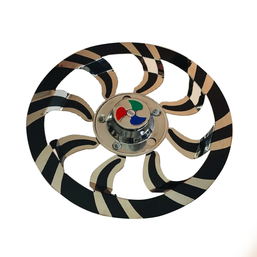 Decorative wheel caps for truck with black and beige stripes on a white background