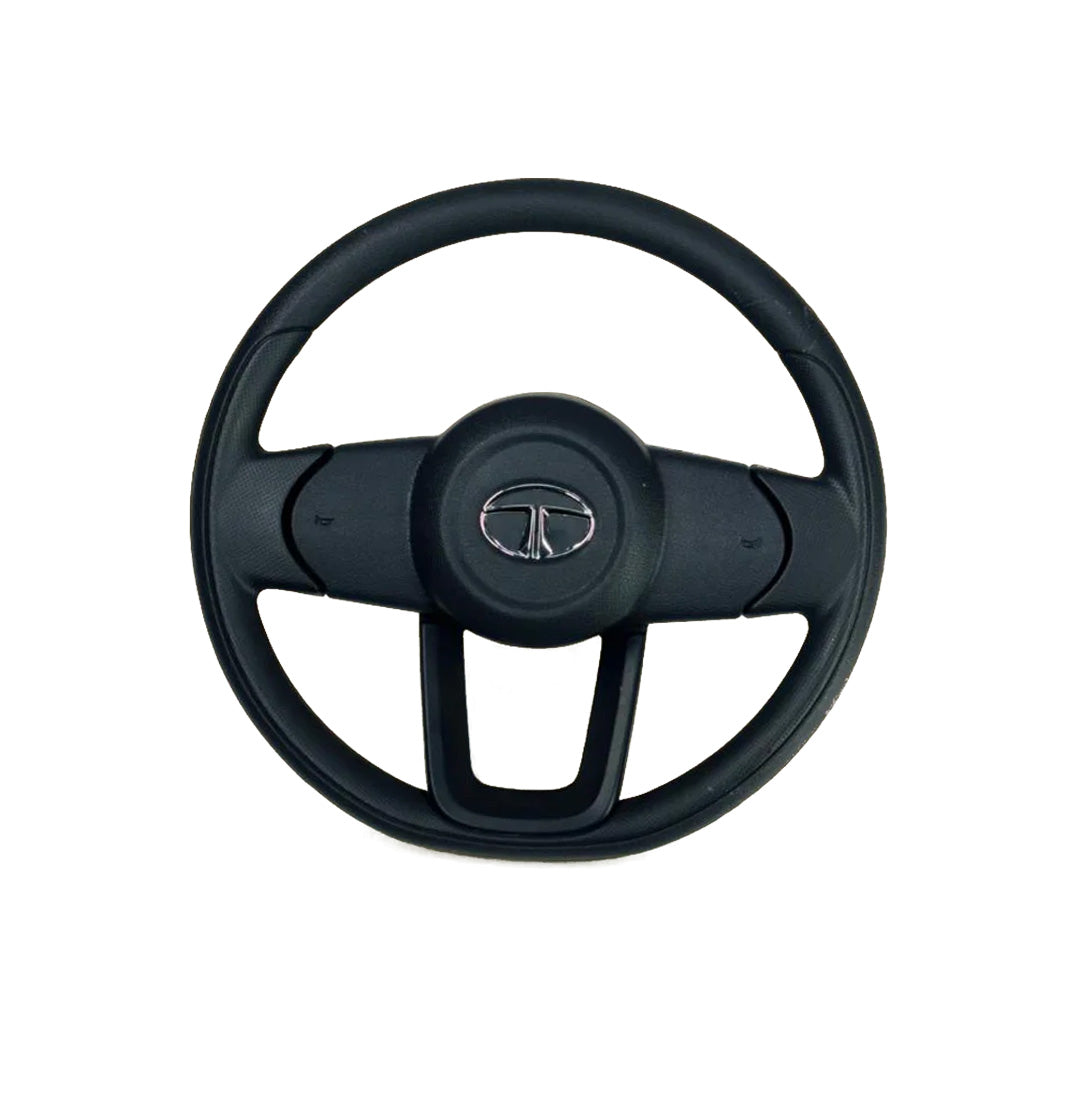 A black steering wheel made for the TATA ACE mini truck, featuring the TATA logo at the center.