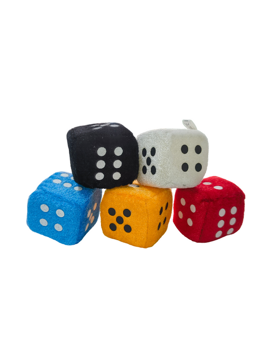 Colorful dice with white dots on a white background