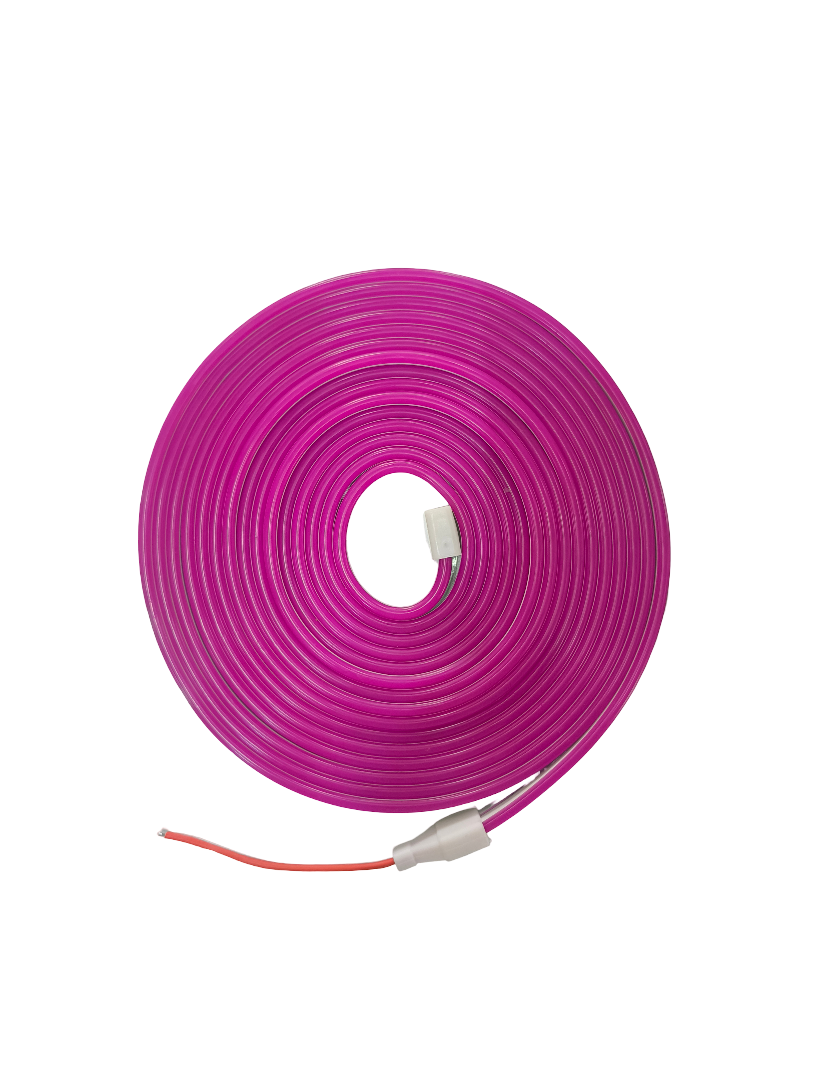 Coiled pink cable with a white connector on a white background