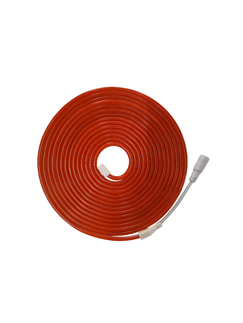 Coiled orange cable with a white connector on a white background