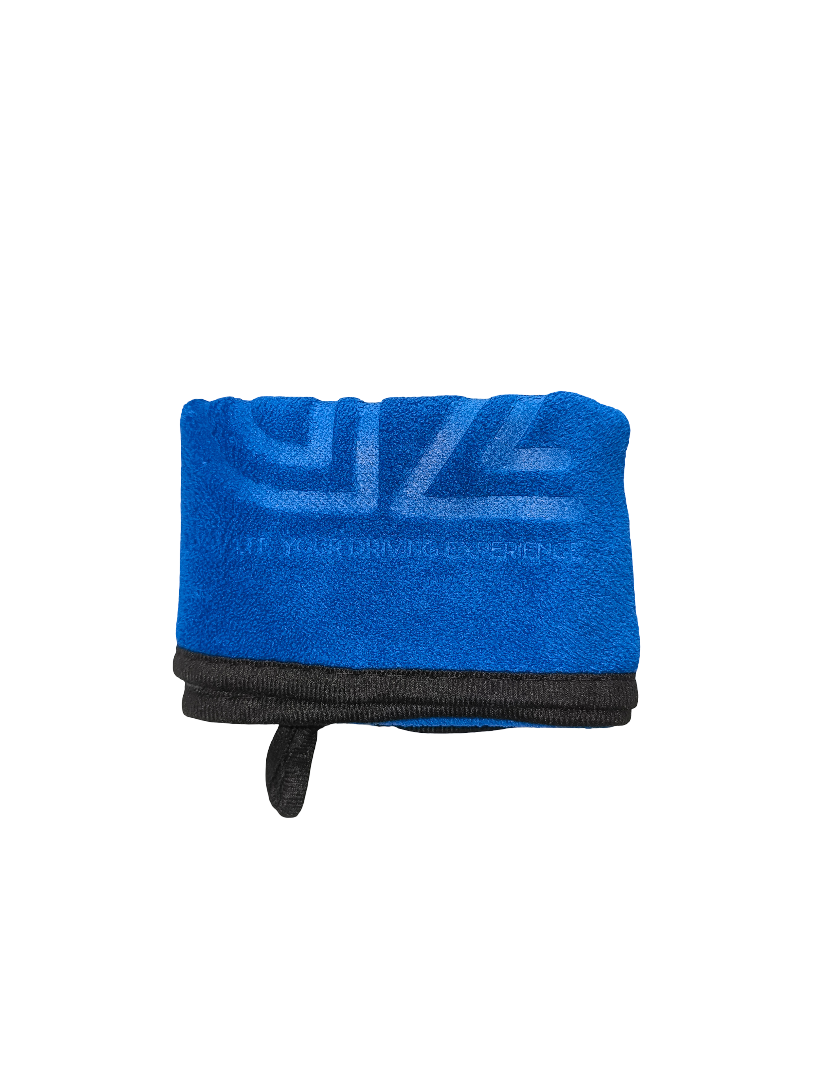 Blue towel with black trim and visible branding on a white background