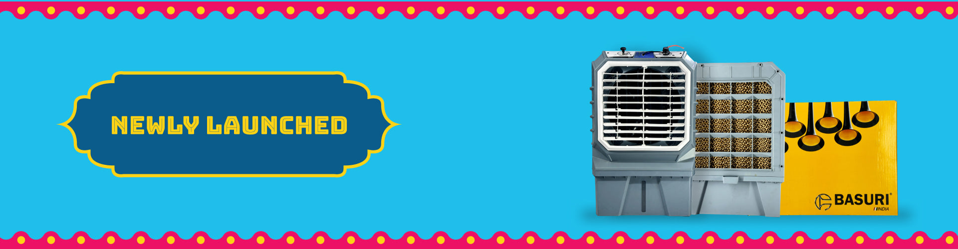 Product banner with air cooler and 'Newly Launched' text on blue background