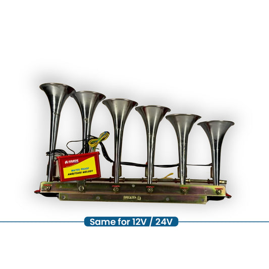 Set of vintage-style air horns on a white background.