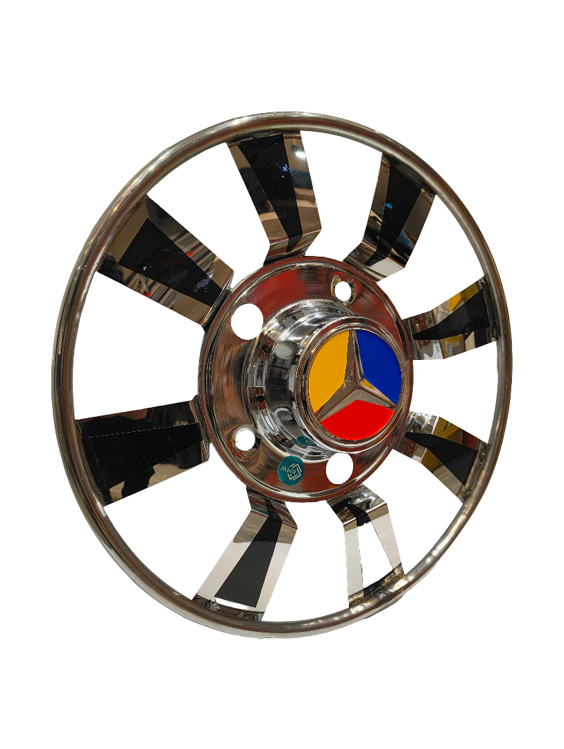 bolero steel wheel rim with a colorful hubcap on a white background