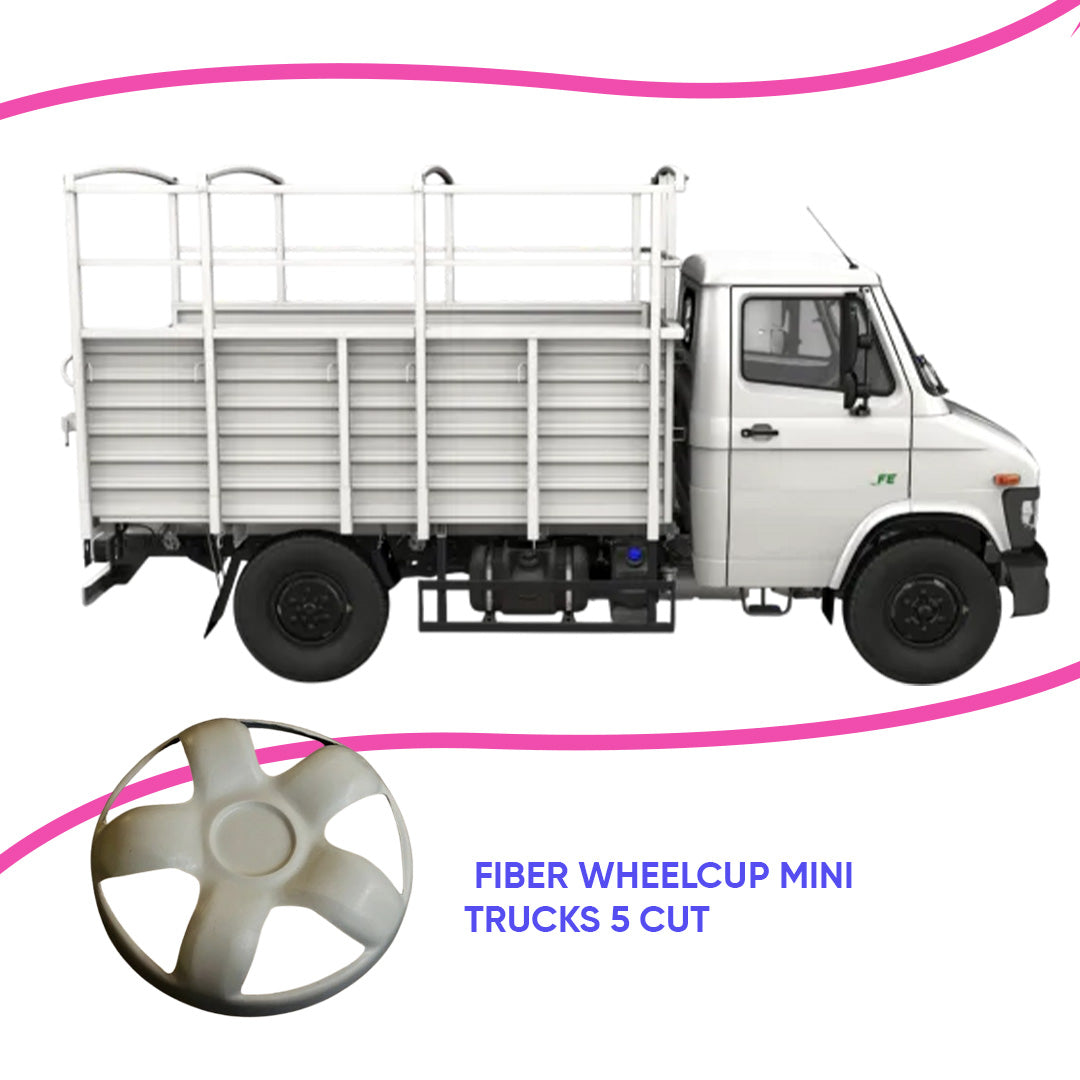 A white mini truck with fiber wheelcups designed to look like a larger truck. The inset shows a close-up of the wheelcup design.