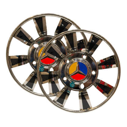 Chrome truck hubcaps with a Mercedes-Benz logo on a white background