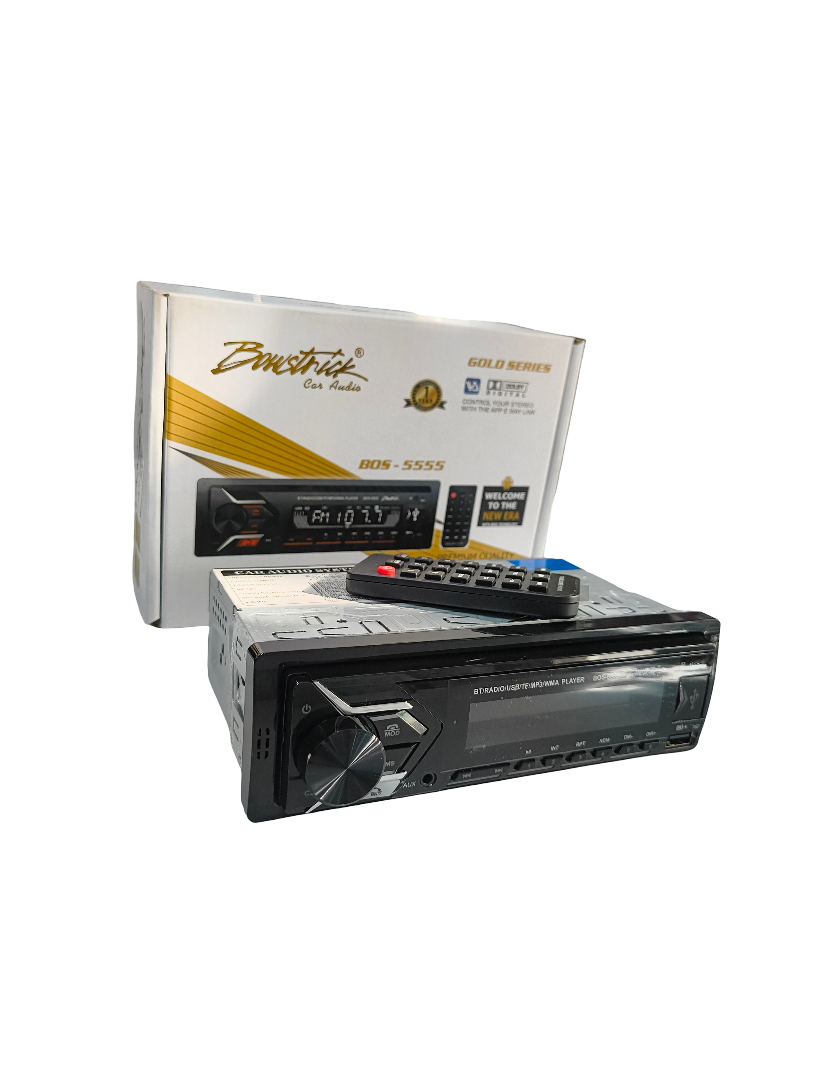 truck stereo system with remote control and branded box on a white background