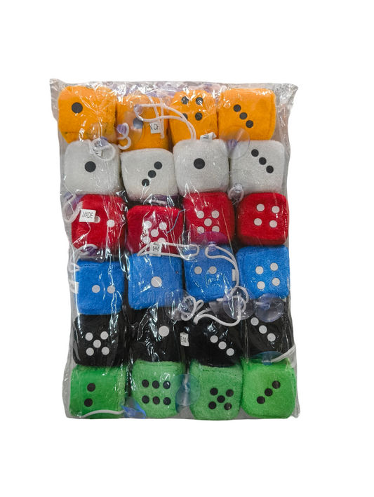 Packaged set of colorful dice with orange, red, blue, and green options.