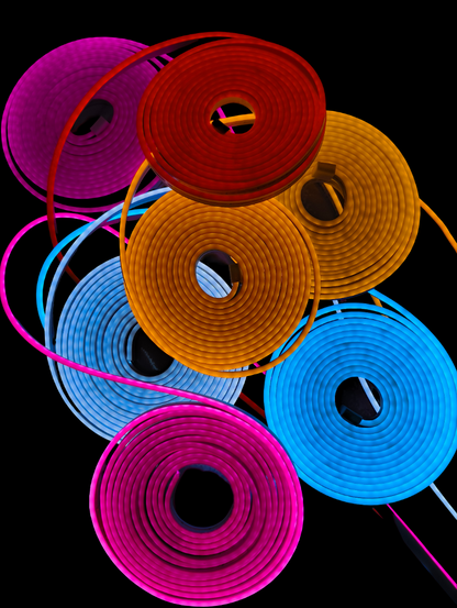 Colorful LED strip lights in various colors on a black background