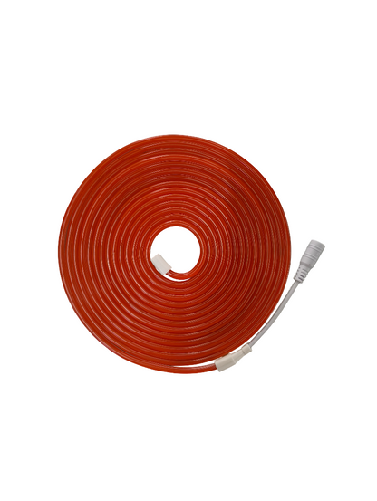 Coiled orange cable with a white connector on a white background
